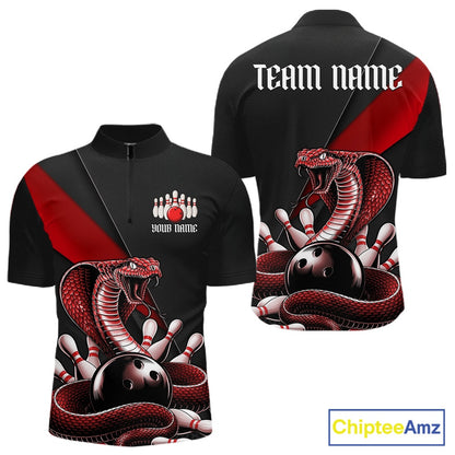 Front and back black mens bowling quarter-zip featuring a red cobra coiled around a bowling ball and scattered pins.