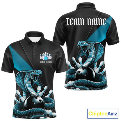 Front and back black mens bowling polo featuring a blue cobra coiled around a bowling ball with scattered bowling pins.