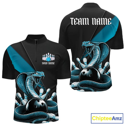 Front and back black mens bowling quarter-zip featuring a blue cobra coiled around a bowling ball and scattered pins.