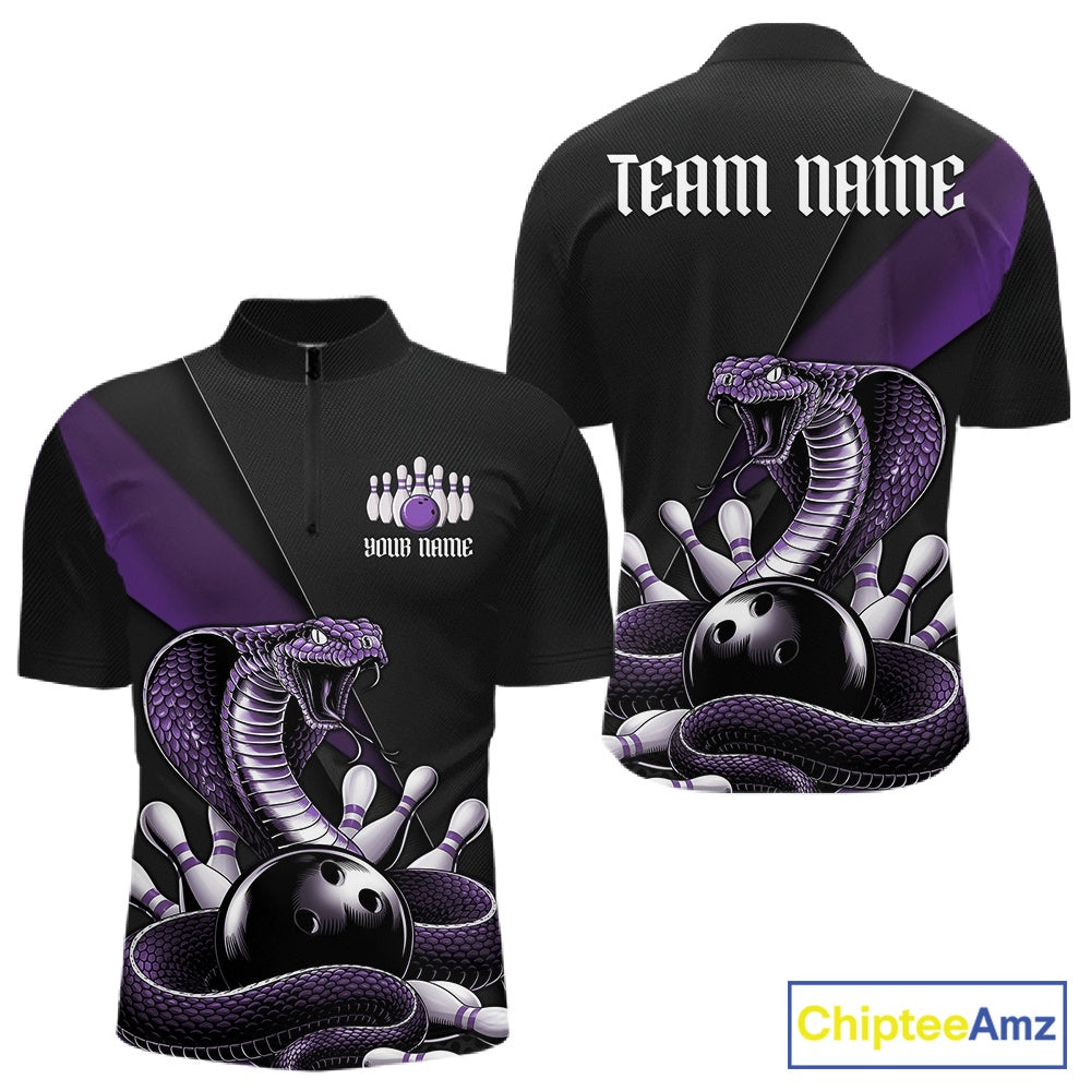 Front and back black mens bowling quarter-zip featuring a purple cobra coiled around a bowling ball and scattered pins.