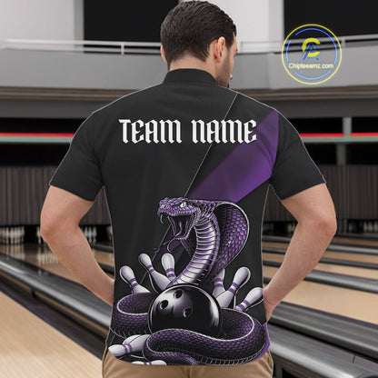 Front view of a black mens bowling quarter-zip showcasing a purple cobra around a bowling ball with scattered pins.