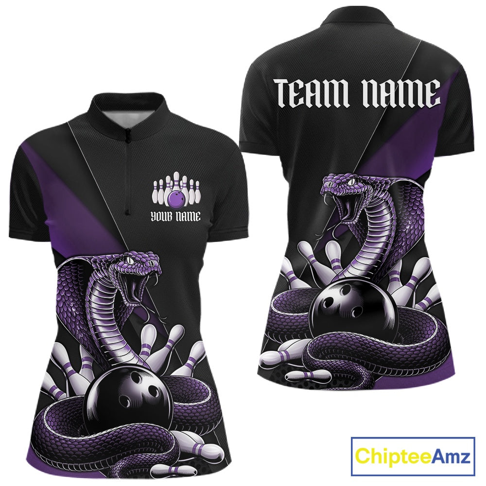 Front and back womens black bowling quarter-zip featuring a purple cobra coiled around a bowling ball and scattered pins.