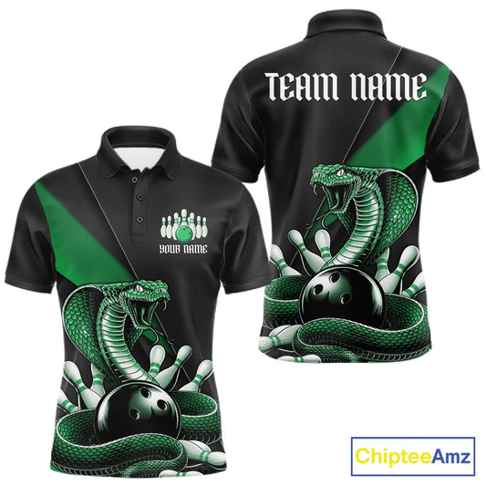 Front and back black mens bowling polo featuring a green cobra coiled around a bowling ball with scattered bowling pins.
