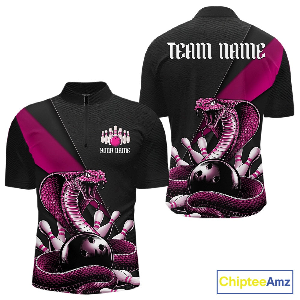 Front and back black mens bowling quarter-zip featuring a pink cobra coiled around a bowling ball and scattered pins.