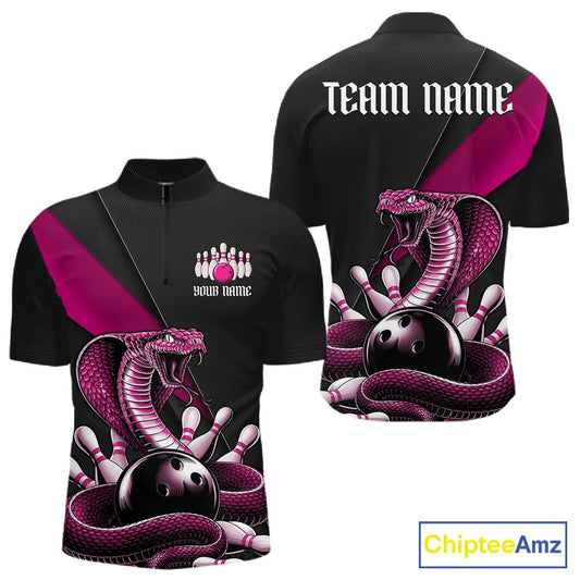 Front and back black mens bowling quarter-zip featuring a pink cobra coiled around a bowling ball and scattered pins.