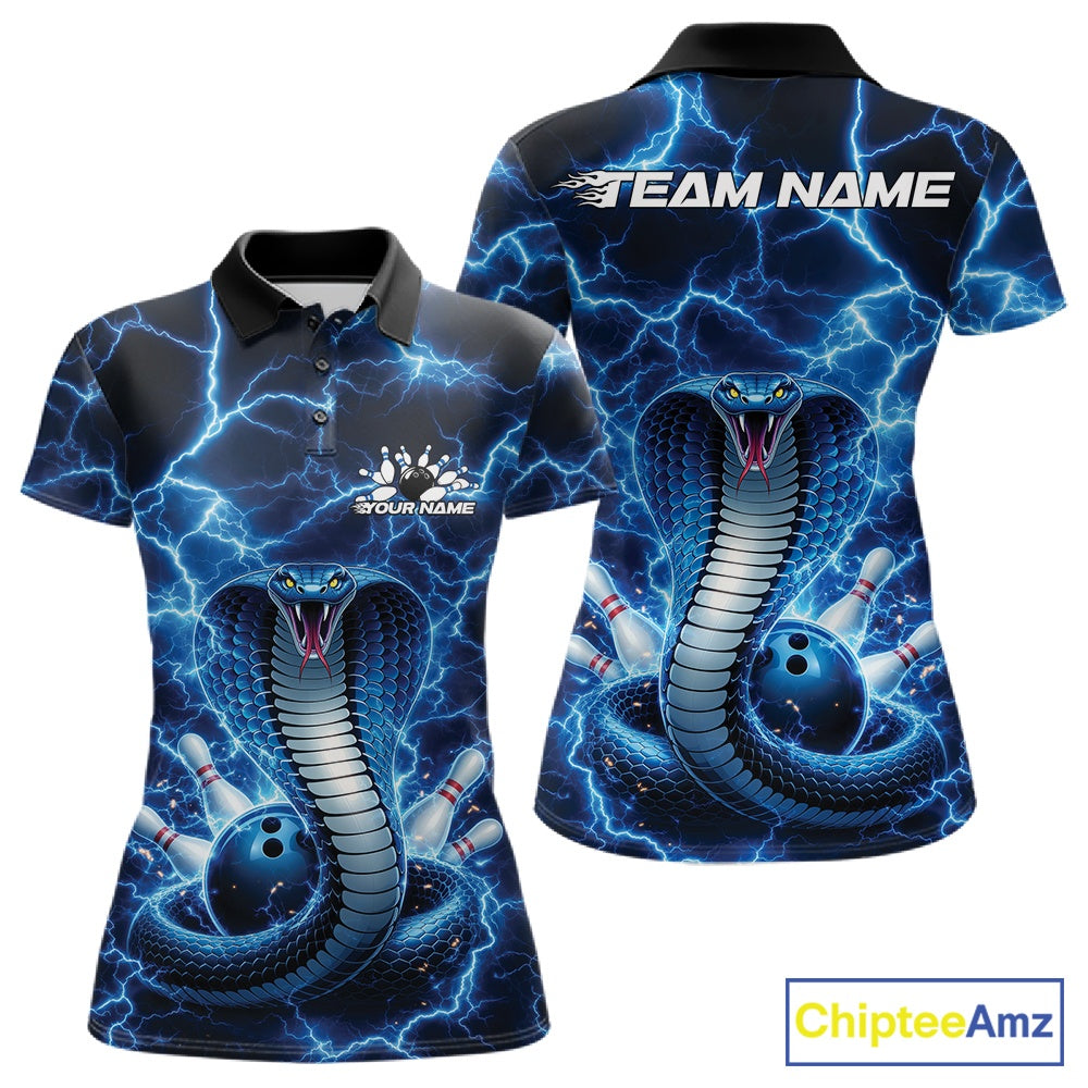 Front and back womens bowling polo featuring a blue cobra coiled around a bowling ball with striking lightning artwork.