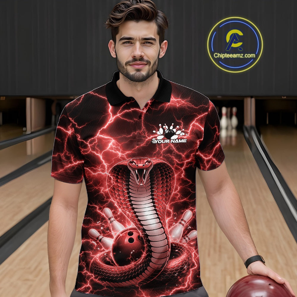Male model at the bowling lane wearing a bowling polo with red cobra artwork and lightning-inspired bowling design.