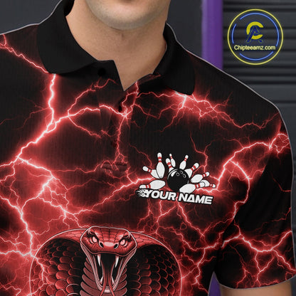 Left chest close-up of a bowling polo featuring a red cobra and bowling ball motif with lightning accents.