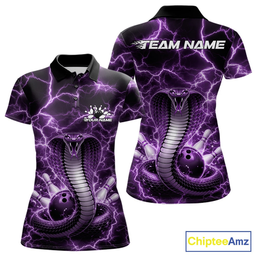 Front and back womens bowling polo featuring a purple cobra coiled around a bowling ball with lightning background graphics.