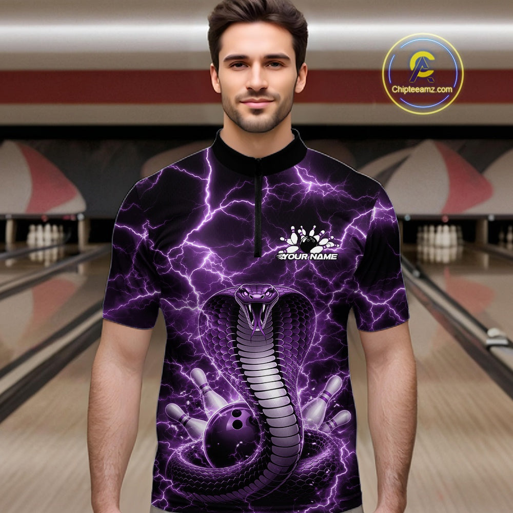 Male model wearing a bowling quarter-zip at the bowling lane with purple cobra and bowling ball graphics against lightning.