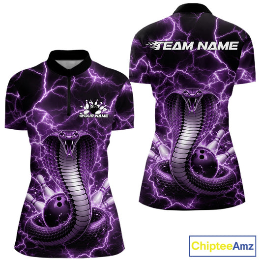 Front and back womens bowling quarter-zip featuring a purple cobra coiled around a bowling ball with dramatic lightning background artwork.
