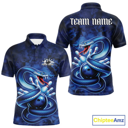 Front and back mens bowling polo featuring a blue cobra coiled around a bowling ball with scattered pins in dark fantasy style.