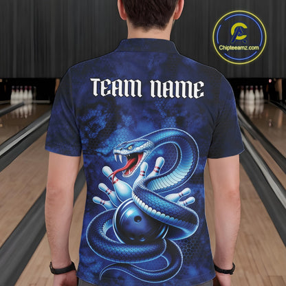 Back view of a mens bowling polo showcasing a blue cobra, bowling ball, and scattered pins.