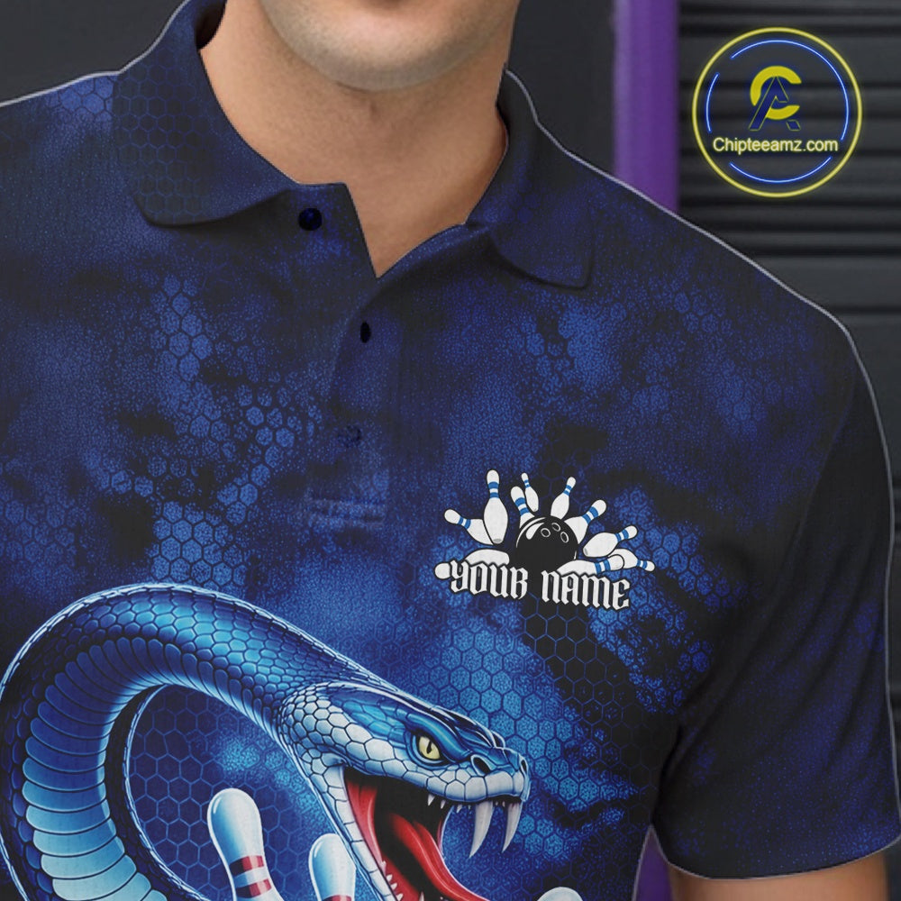 Close-up of the left chest on a bowling polo featuring a blue cobra coiled around a bowling ball with scattered pin graphics.
