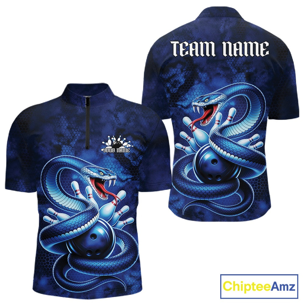 Front and back mens bowling quarter-zip featuring a blue cobra coiled around a bowling ball with scattered pins in dark fantasy style.