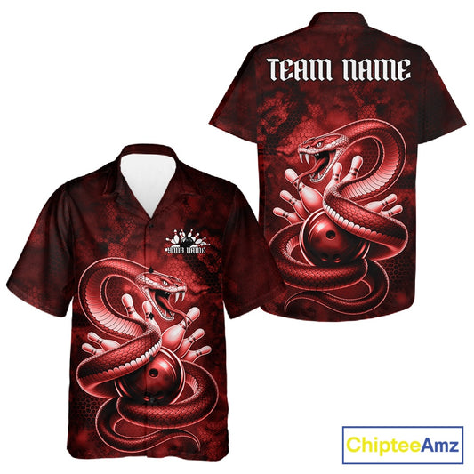 Button-up bowling shirt mockup with red cobra artwork wrapped around a bowling ball and scattered bowling pins.