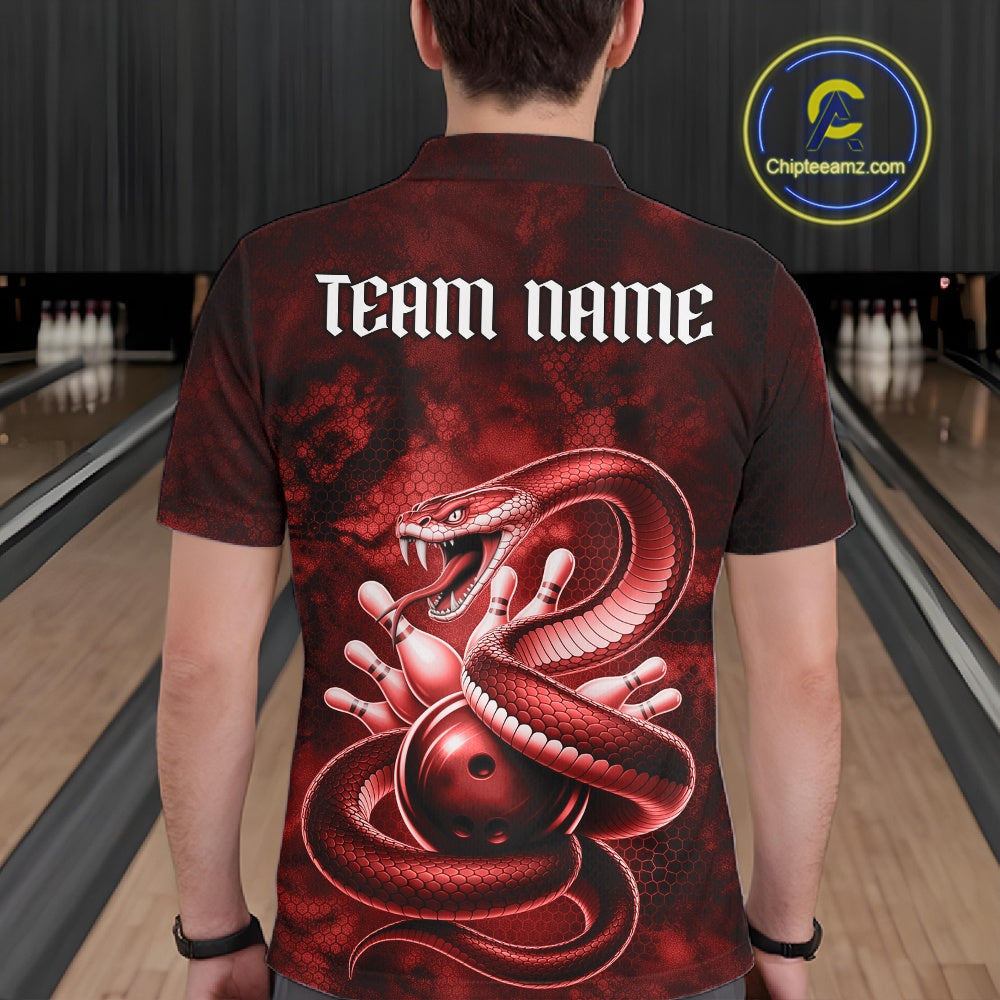Back view of a mens bowling polo displaying a red cobra wrapped around a bowling ball with dark fantasy accents.