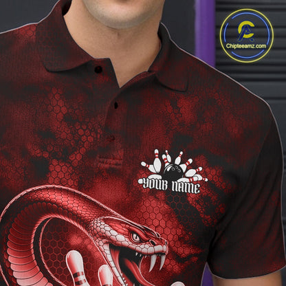 Left chest close-up of a bowling polo featuring a red cobra, bowling ball, and scattered pin artwork.