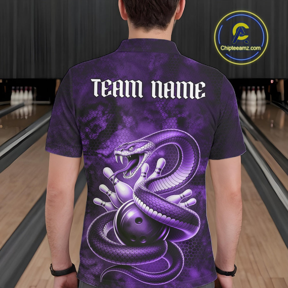 Back view of a mens bowling polo showcasing a purple cobra, bowling ball, and scattered pins in dark fantasy styling.