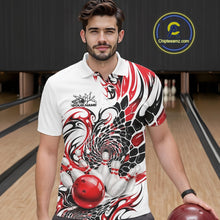 Load image into Gallery viewer, Male model at the bowling lane wearing a white bowling polo shirt with red and black tribal accents, honeycomb-inspired textures, and bowling pin graphics