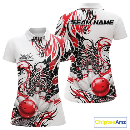 Womens white bowling polo shirt mockup displayed from front and back with red and black tribal artwork and a red bowling action scene