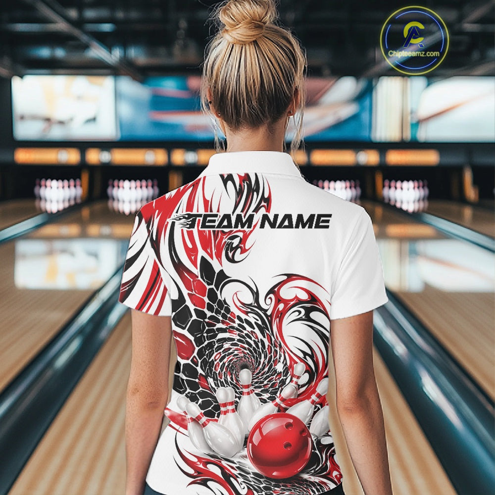 White bowling polo shirt shown from the back on a female model, showcasing red and black tribal motifs and bowling-themed artwork