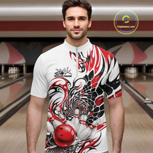 Load image into Gallery viewer, Front view of a male model in a white bowling quarter zip showcasing a red and black tribal pattern with glossy red bowling action graphics inside a bowling center