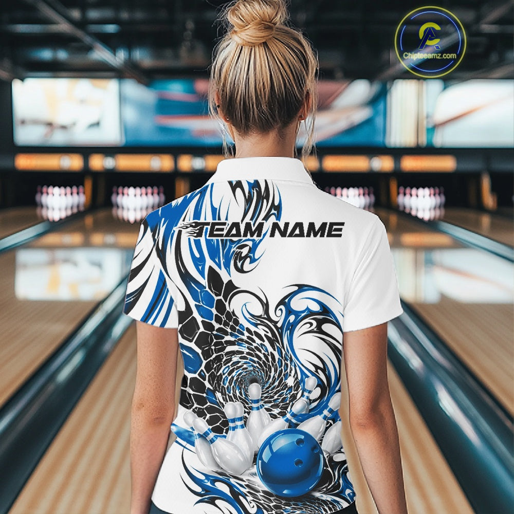 Back view of a womens white bowling polo shirt featuring blue and black tribal graphics, textured scale designs, and bowling imagery