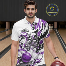 Load image into Gallery viewer, Front view of a male model wearing a white bowling polo shirt with purple and black tribal accents and a red bowling ball hitting the pins