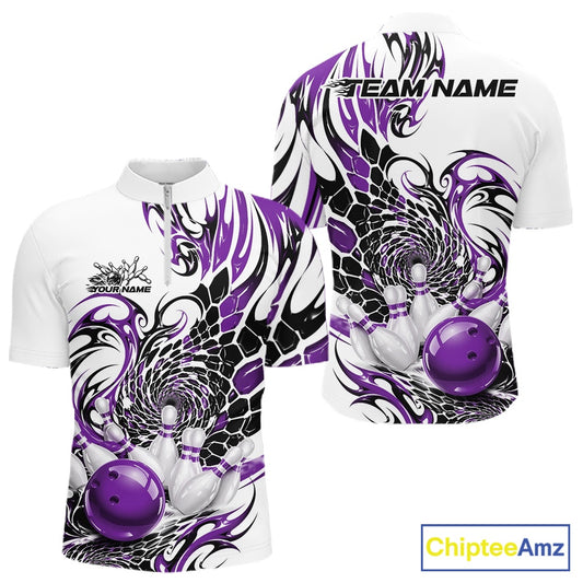 Front and back mockup of a mens white bowling quarter zip featuring purple and black tribal scale graphics with a glossy red bowling ball striking pins