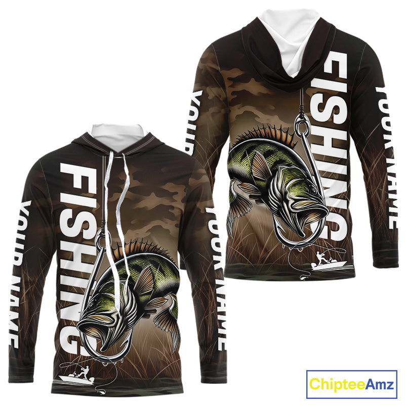 Brown Camouflage Fish Hook Custom Largemouth Bass Long Sleeve Hooded Tournament Fishing Shirts IPHW9212