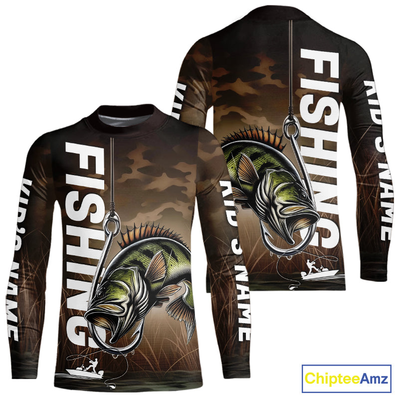 Brown Camouflage Fish Hook Custom Largemouth Bass Kid Long Sleeve Tournament Fishing Shirts IPHW9212