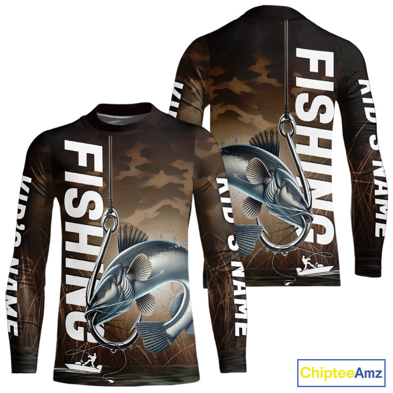 Brown Camouflage Fish Hook Custom Catfish Kid Long Sleeve Tournament Fishing Shirts IPHW9213