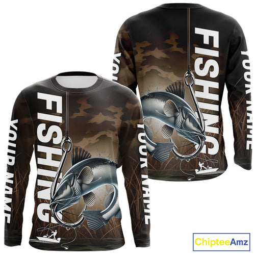 Brown Camouflage Fish Hook Custom Catfish Long Sleeve Tournament Fishing Shirts IPHW9213