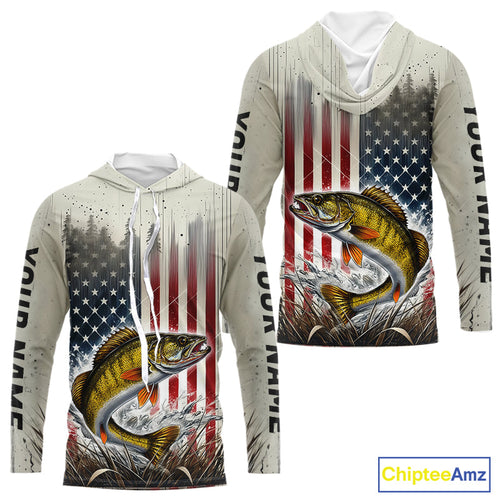 Custom Patriotic US Flag Walleye Long Sleeve Hooded Fishing Shirts, Walleye Fishing Jerseys IPHW9216