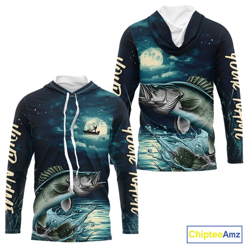 Full Moon Fishing Custom Walleye Long Sleeve Hooded Night Fishing Shirts For Fishing Lovers IPHW9222