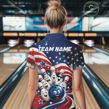 Load image into Gallery viewer, Back view of a female model wearing a bowling polo shirt featuring a funny bowling ball surrounded by cheerful animated pins with flowing American flag waves and scattered stars in a bowling lane.