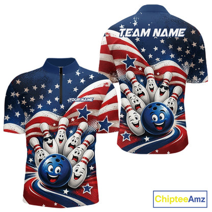 Front and back view of a men's bowling quarter zip shirt mockup featuring a funny bowling ball surrounded by cheerful animated pins with flowing American flag waves and scattered stars.