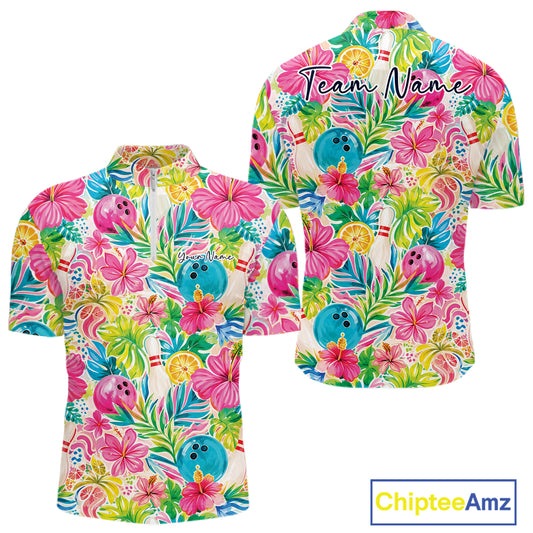 Custom Summer Tropical Flower Bowling Team Men Quarter Zip Shirts, Floral Bowling Shirt IPHW11689