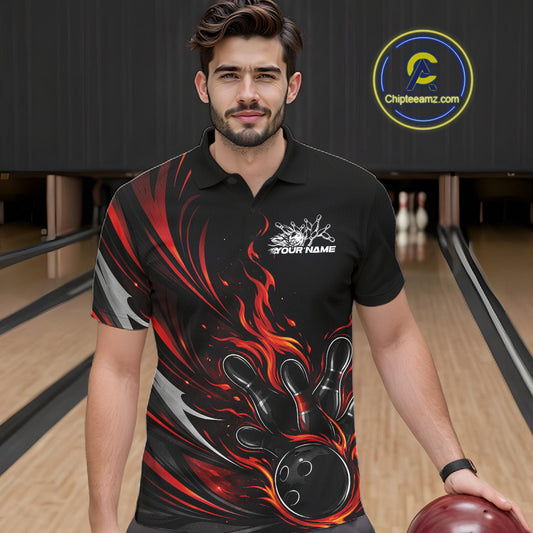 Custom Black And Red Fire Flame Bowling Men Jerseys, Bowling League Polo Shirt IPHW10308