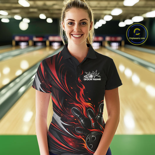 Custom Black And Red Fire Flame Bowling Women Jerseys, Bowling League Polo Shirt IPHW10308