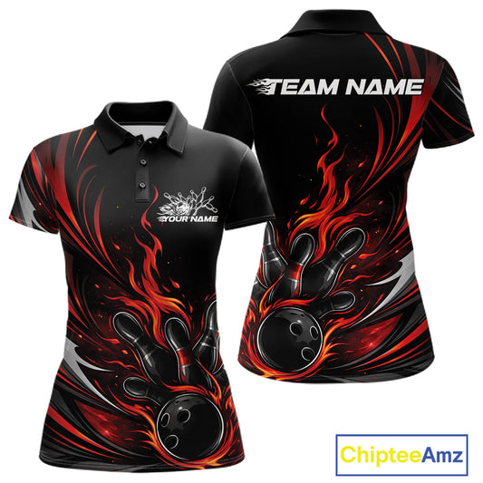 Custom Black And Red Fire Flame Bowling Women Jerseys, Bowling League Polo Shirt IPHW10308