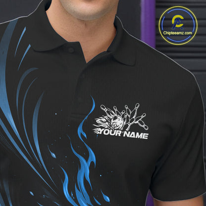Custom Black And Blue Fire Flame Bowling Men Jerseys, Bowling League Polo Shirt IPHW10309