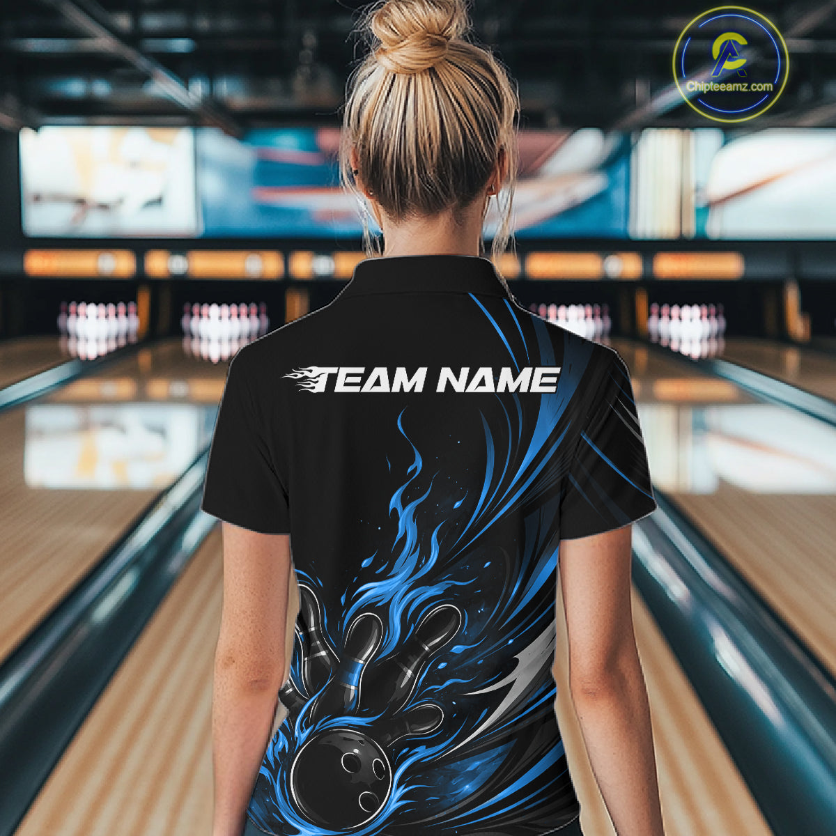 Custom Black And Blue Fire Flame Bowling Women Jerseys, Bowling League Quarter-Zip Shirt IPHW10309