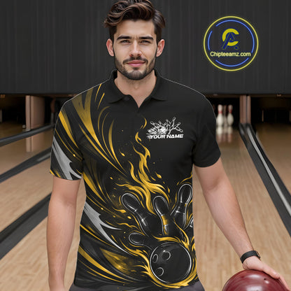 Custom Black And Yellow Fire Flame Bowling Men Jerseys, Bowling League Polo Shirt IPHW10310