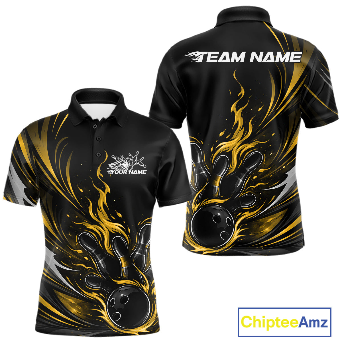 Custom Black And Yellow Fire Flame Bowling Men Jerseys, Bowling League Polo Shirt IPHW10310