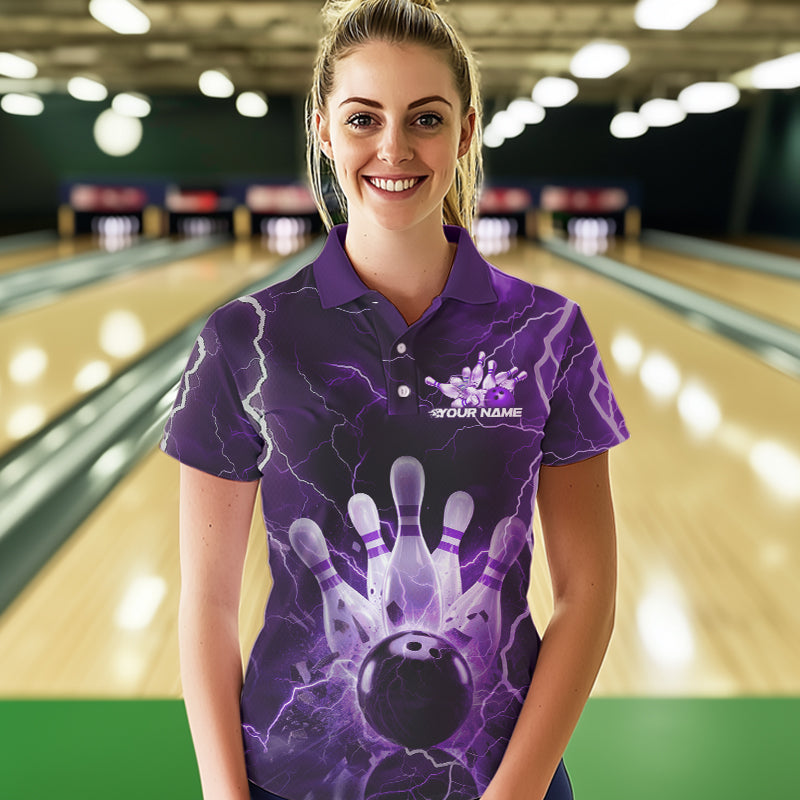 Custom Black And Purple Thunder Lightning Bowling Polo Shirts For Women, Bowling Jerseys IPHW8515