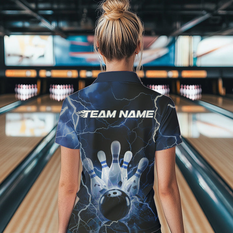 Custom Black And Blue Thunder Lightning Bowling Polo Team Shirts For Women, Bowling Jerseys IPHW8516
