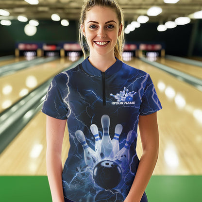 Custom Black And Blue Thunder Lightning Bowling Quarter-Zip Shirt For Women, Bowling Jersey IPHW8516