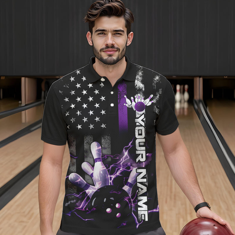 Custom Black And Purple Thin Line American Flag Patriotic US Bowling Team Polo Shirts For Men IPHW8517